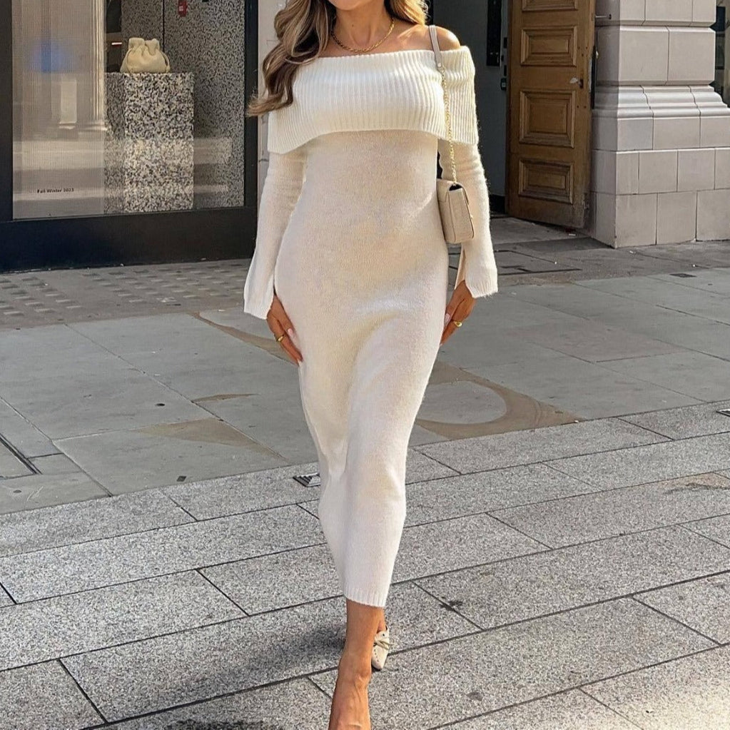 Elegant Off-Shoulder Knit Midi Dress