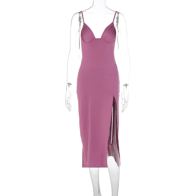 Spaghetti Strap Deep V-Neck Split Dress — Backless Bodycon Party Wear for Women